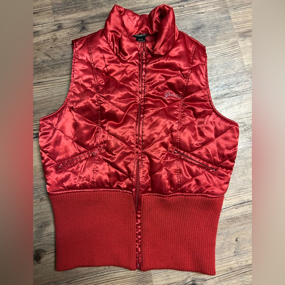 Guess Y2K Satin Red Quilted Vest XL
